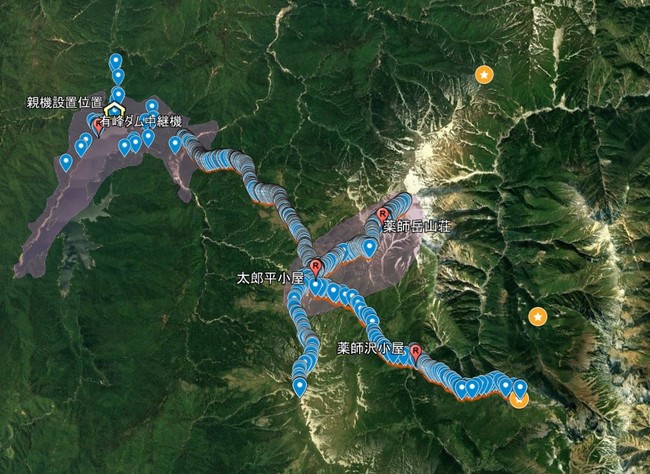 図2：通信テスト結果　青ピンは上り通信ができた地点