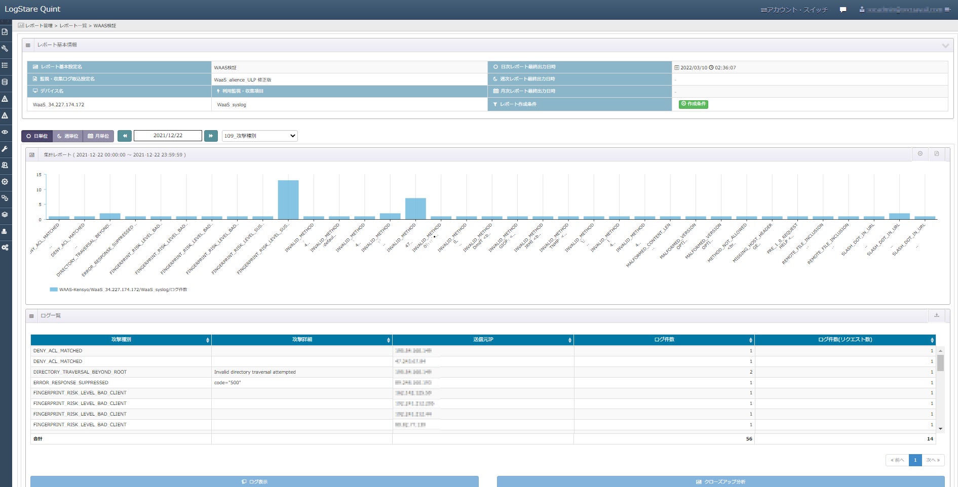 図：Barracuda WAFのSyslogをLogStareで解析し攻撃種類別に集計したレポート