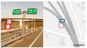 ▲高速道路の規制標識を画像認識（左）し、地図上該当箇所(右)と比較し差分を検出