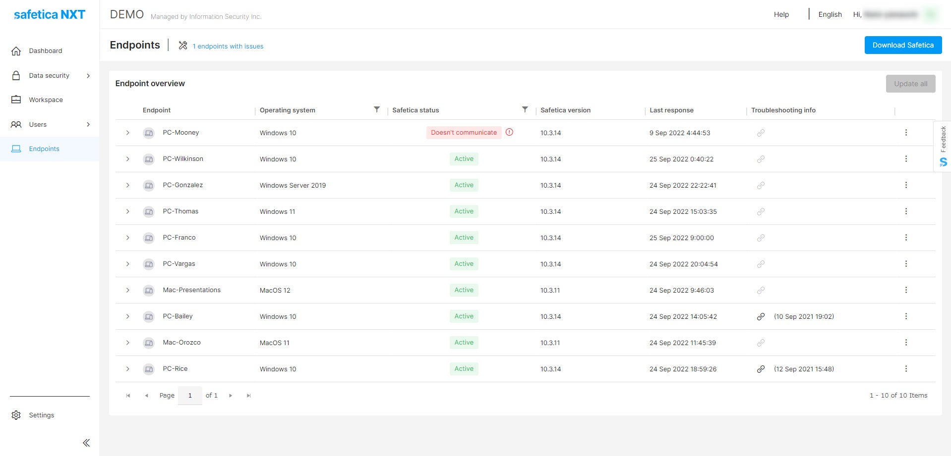 Safetica NXT エンドポイント管理画面